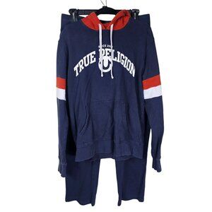 True Religion Mens Spellout Navy Orange Hoodie & Sweatpants Set XL/L Casual